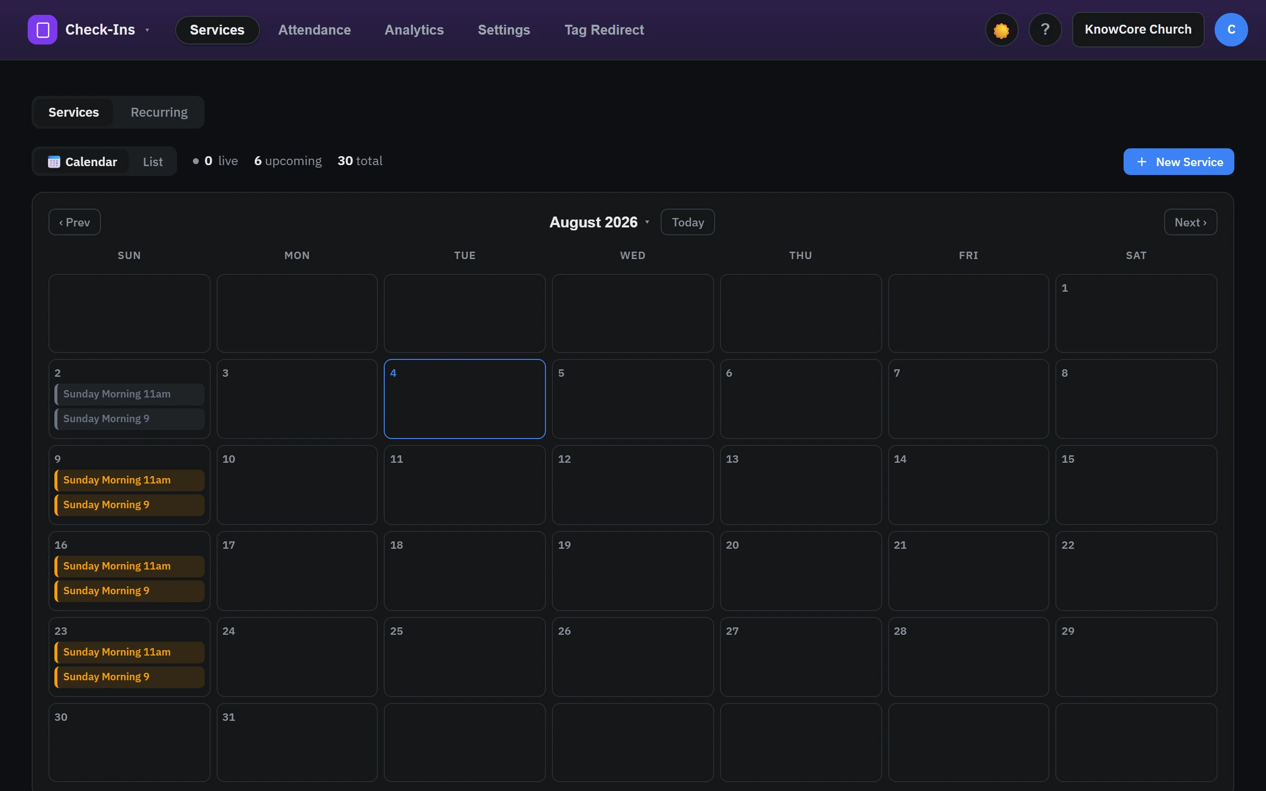 KnowCore service calendar showing Sunday-morning services with live, upcoming, and total counts.