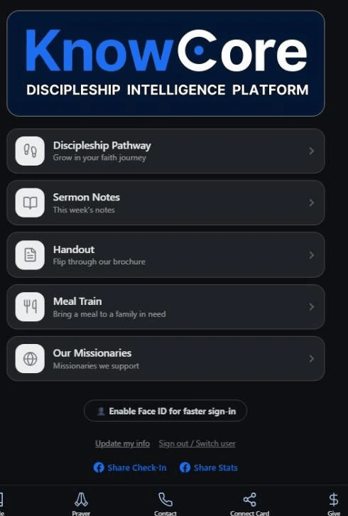 The KnowCore member hub as a congregant sees it — KnowCore-branded, with Discipleship Pathway, Sermon Notes, Handout, Meal Train, and Missionaries cards, Face ID sign-in, and a Bible / Prayer / Contact / Give bottom nav.