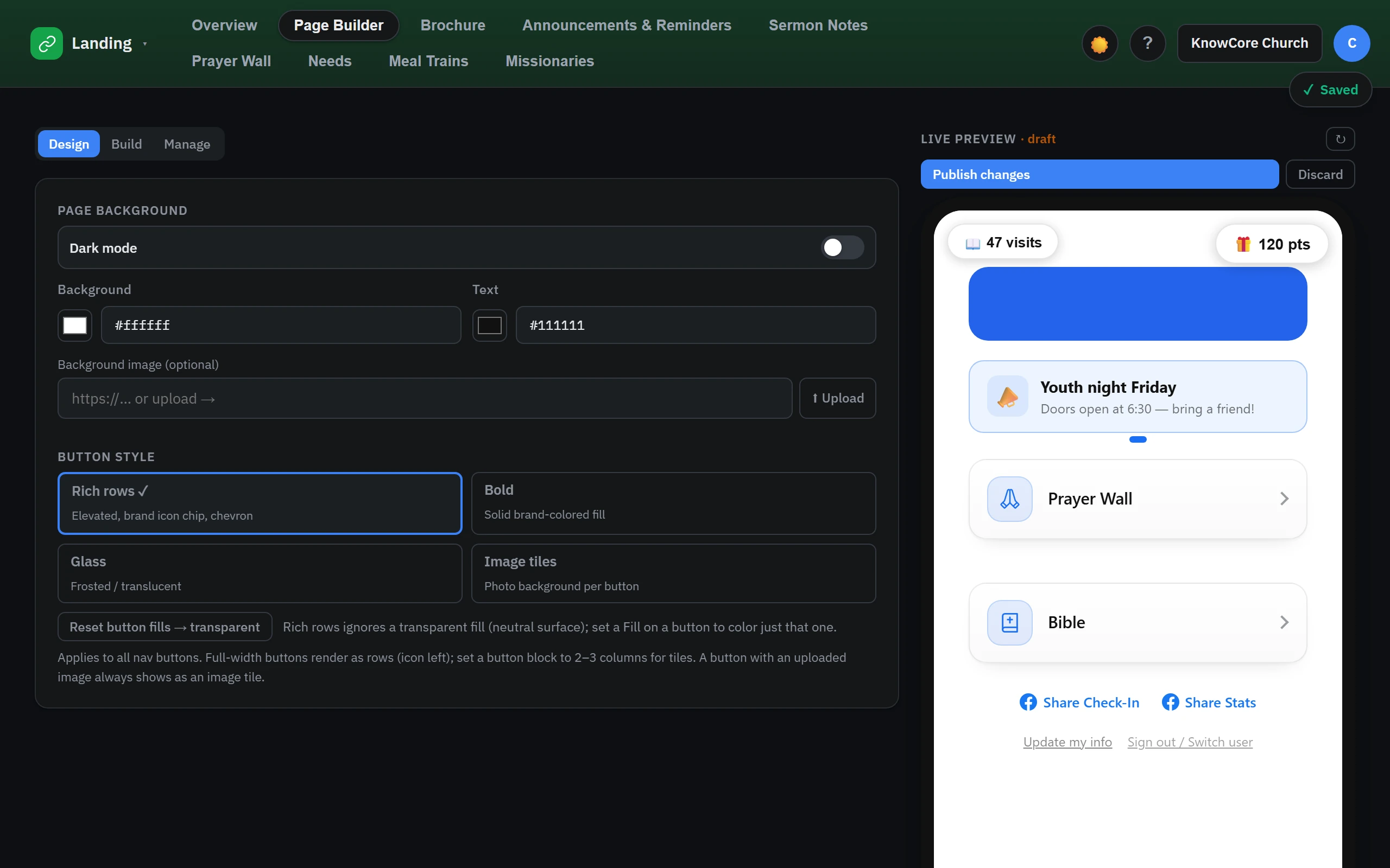 KnowCore landing page builder with a live preview of the branded member hub — announcements, prayer wall, Bible, stats, and check-in.